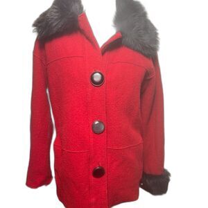 Jones New York Red Coat Black Faux Fur Trim Collar Size Petite Small Wool Blend